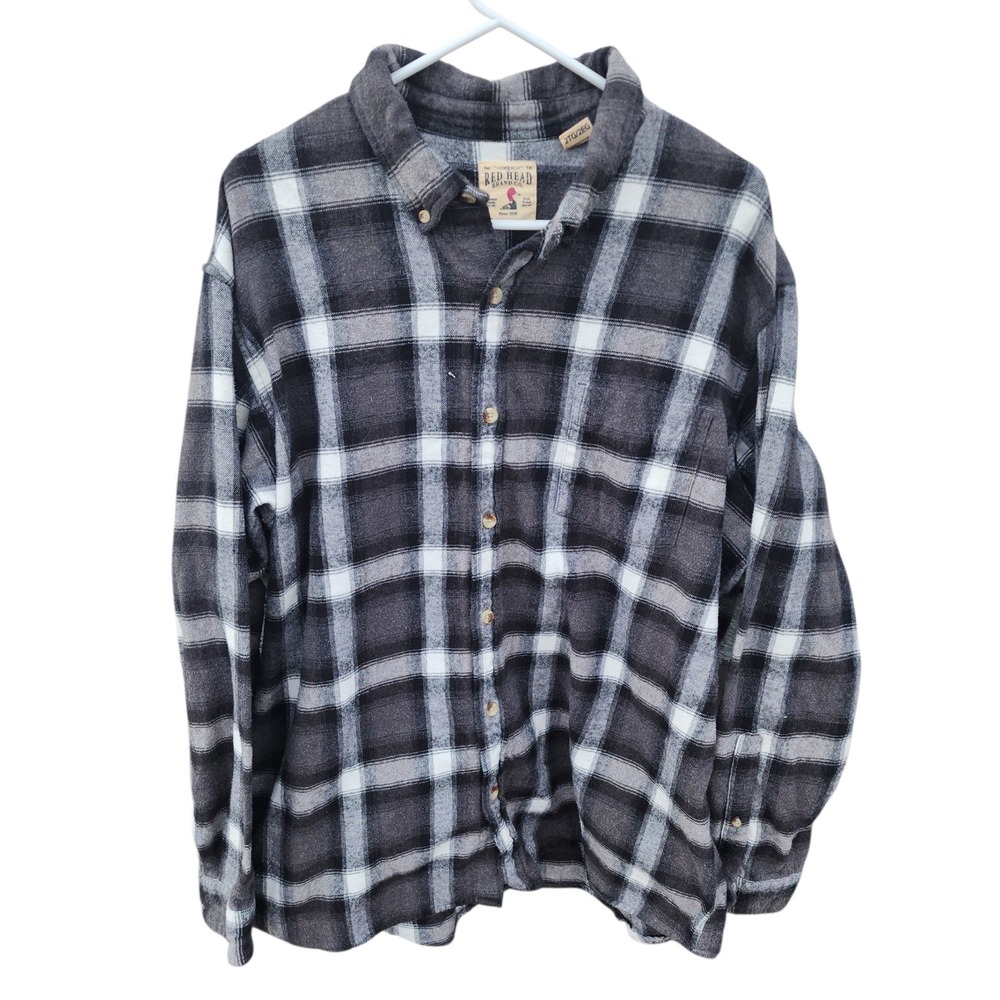 RedHead Brand Co Mens 2XL Black Grey Plaid Flannel Button Down Shirt 100% Cotton